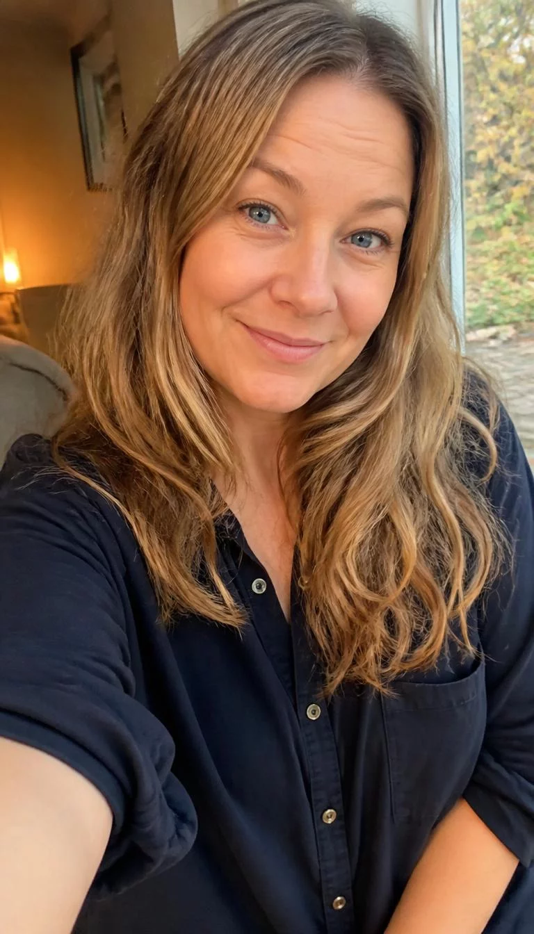 Antique Gold Highlights selfie of a 44-year-old Northern European woman with a round face, fair, broad nose, softly curved eyebrows, and thin lips. Her face features slightly crooked smile, slightly flushed cheeks, and subtle natural facial asymmetry. She has downturned blue eyes, soft cheekbones, broad smile, playful. She is petite and is wearing a navy blue oversized button-up shirt with antique gold highlights long layered hair, warm indoor lighting, fall outdoor background