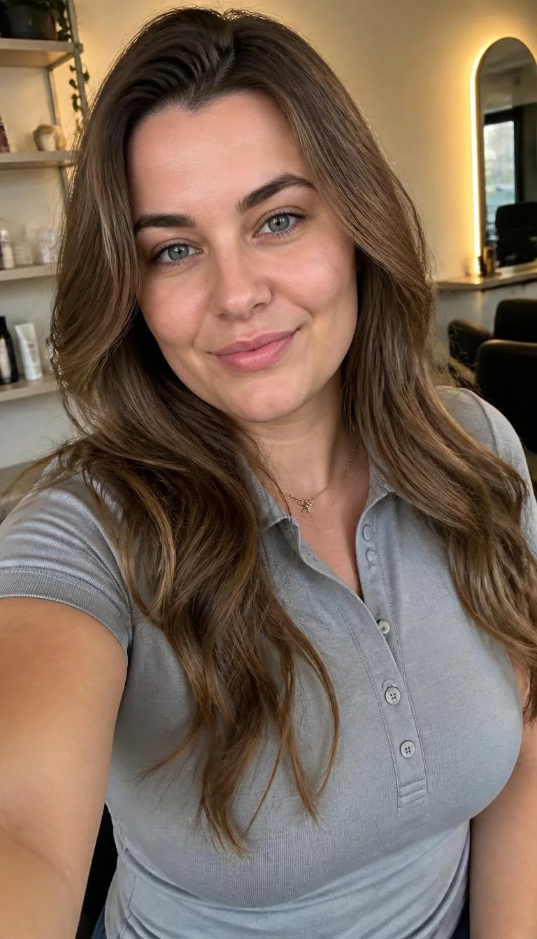 Soft Mushroom Taupe selfie of a 31-year-old Eastern European woman with a oval face, dark brown, button nose, thick natural eyebrows, and full lips. Her face features slightly crooked smile, subtle acne marks, and subtle natural facial asymmetry. She has deep-set blue eyes, rounded cheeks, closed-mouth smile, relaxed. She is curvy and is wearing a light gray golf polo with soft mushroom taupe long wavy hair, warm indoor lighting, hair salon