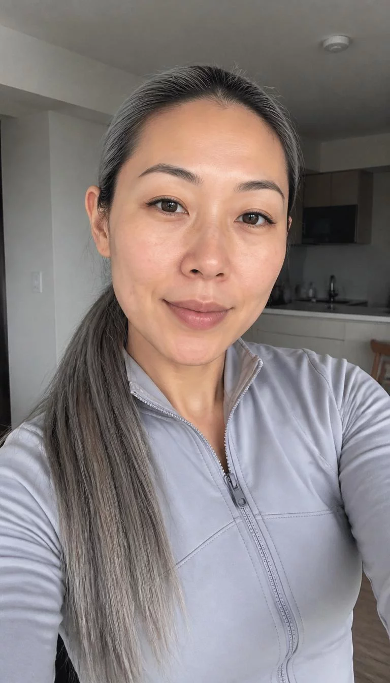 Smoky Silver Birch selfie of a 32-year-old East Asian woman with a square face, deep brown, rounded nose, thin arched eyebrows, and thin lips. Her face features faint freckles across the nose, subtle acne marks, and subtle natural facial asymmetry. She has monolid hazel eyes, rounded cheeks, subtle smile, thoughtful. She is average and is wearing a light gray activewear top with smoky silver birch long sleek ponytail, overcast daylight, indoor