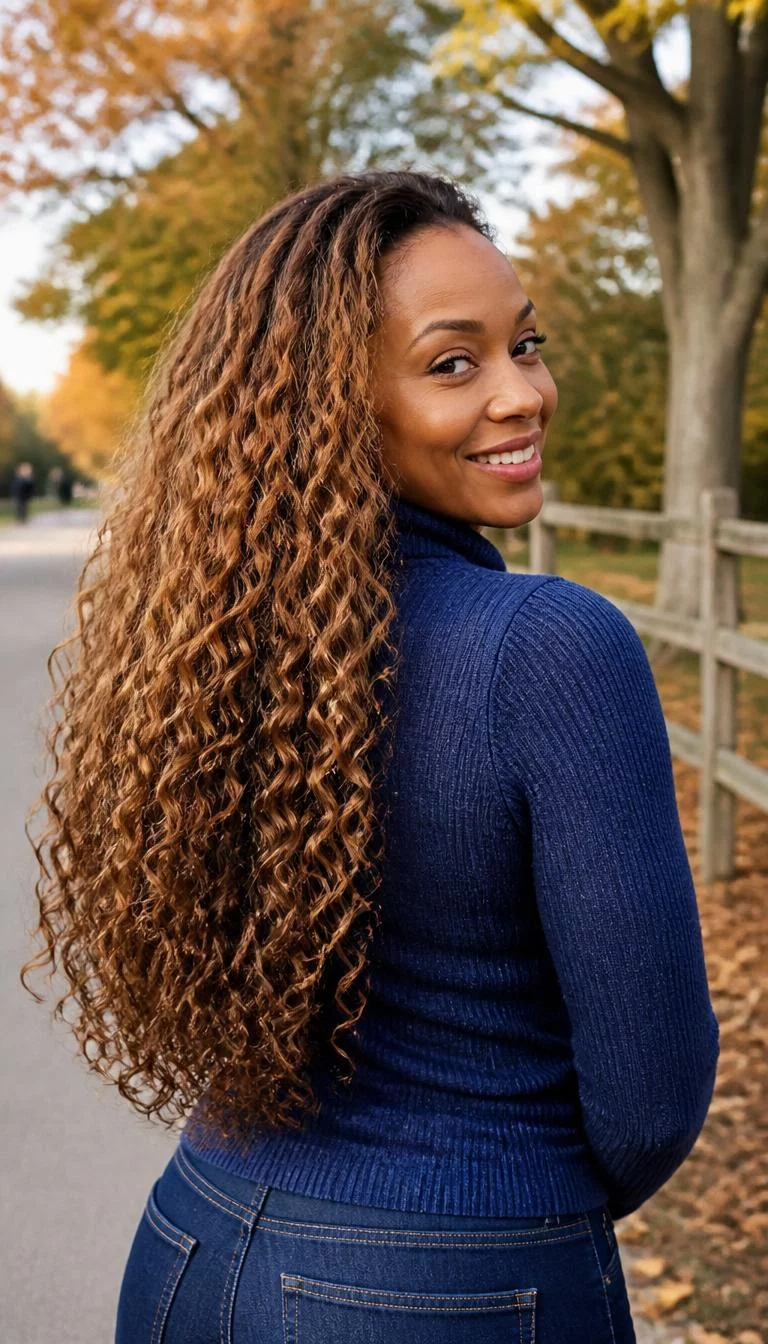 Gingerbread Latte Swirl A back view photo of a 48-year-old Black African woman with a square face, fair, narrow nose, thin arched eyebrows, and heart-shaped lips. Her face features widow's peak hairline, faint under-eye shadows, and subtle natural facial asymmetry. She has downturned hazel eyes, soft cheekbones, broad smile, playful. She is athletic and is wearing a denim blue turtleneck sweater with gingerbread latte swirl long curly hair, bright natural daylight, fall outdoor background