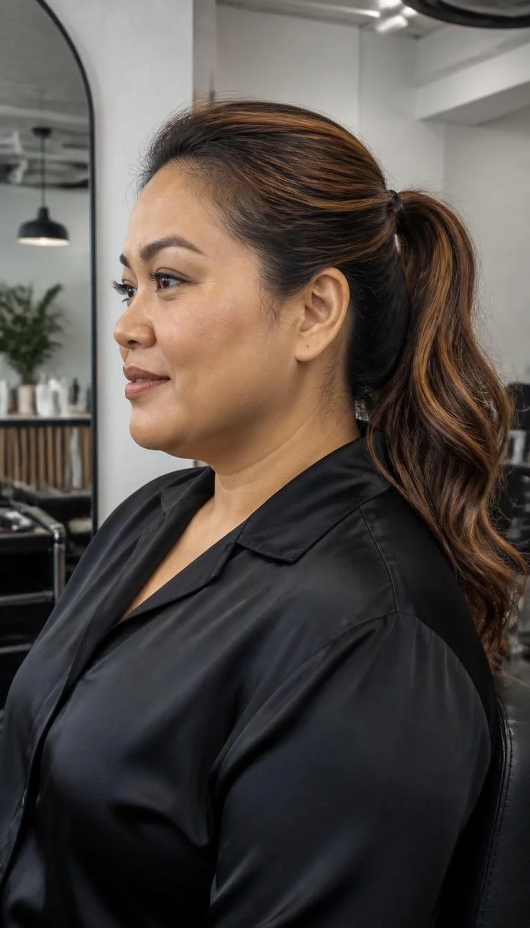 Burnished Amber Highlights A side view photo of a 43-year-old Southeast Asian woman with a diamond face, golden brown, broad nose, thick natural eyebrows, and heart-shaped lips. Her face features widow's peak hairline, light freckles, and subtle natural facial asymmetry. She has hooded amber eyes, soft cheekbones, closed-mouth smile, confident. She is plus-size and is wearing a black silk blouse with burnished amber highlights long ponytail, overcast daylight, hair salon