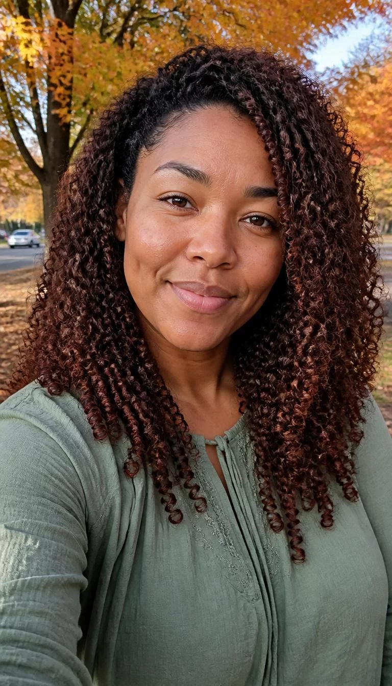 Spiced Cider Auburn selfie of a 30-year-old Afro-Caribbean woman with a oblong face, tan, broad nose, thick natural eyebrows, and wide lips. Her face features dimples, visible pores, and subtle natural facial asymmetry. She has monolid amber eyes, pronounced cheekbones, broad smile, thoughtful. She is petite and is wearing a sage green tunic top with spiced cider auburn long tight coils, soft window light, fall outdoor background
