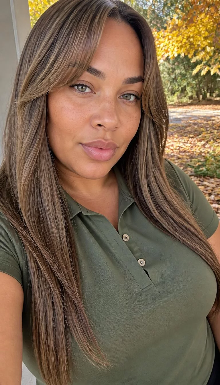Iced Mocha Glaze selfie of a 43-year-old Mixed-race woman with a oblong face, light, narrow nose, thick natural eyebrows, and full lips. Her face features faint freckles across the nose, light freckles, and subtle natural facial asymmetry. She has almond-shaped gray eyes, pronounced cheekbones, neutral expression, playful. She is plus-size and is wearing a olive green golf polo with iced mocha glaze long straight hair with curtain bangs, soft window light, fall outdoor background