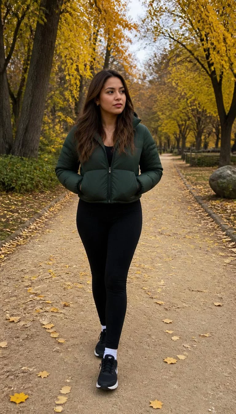 A photorealistic full body shot of a 28-year-old Latina woman with a heart-shaped face, tan, rounded nose, softly curved eyebrows, and full lips. Her face features dimples, faint under-eye shadows, and subtle natural facial asymmetry. She has round brown eyes, high cheekbones, neutral expression, relaxed. She is average build with long brown hair and is wearing a green puffer jacket and black leggings, she wears black sneakers and walks on a path surrounded by vibrant yellow autumn trees, everyday social media post aesthetic, high-quality mobile photography, shot on an iPhone 14.