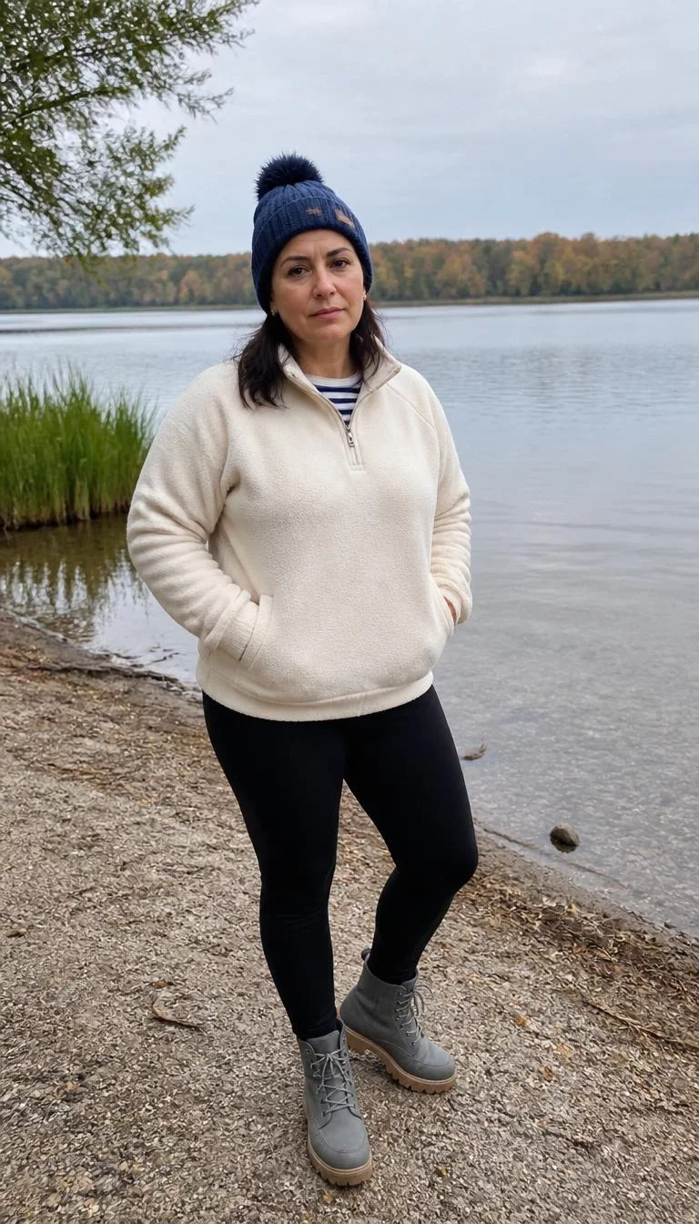 A photorealistic full body shot of a 48-year-old Eastern European woman with a oval face, light, rounded nose, straight eyebrows, and thin lips. Her face features faint freckles across the nose, slightly flushed cheeks, and subtle natural facial asymmetry. She has deep-set dark brown eyes, soft cheekbones, neutral expression, thoughtful. She is curvy build with dark hair and is wearing a blue pom-pom beanie, a striped shirt, a cream quarter-zip fleece, black leggings, and grey boots by a lake, everyday social media post aesthetic, high-quality mobile photography, shot on an iPhone 14.