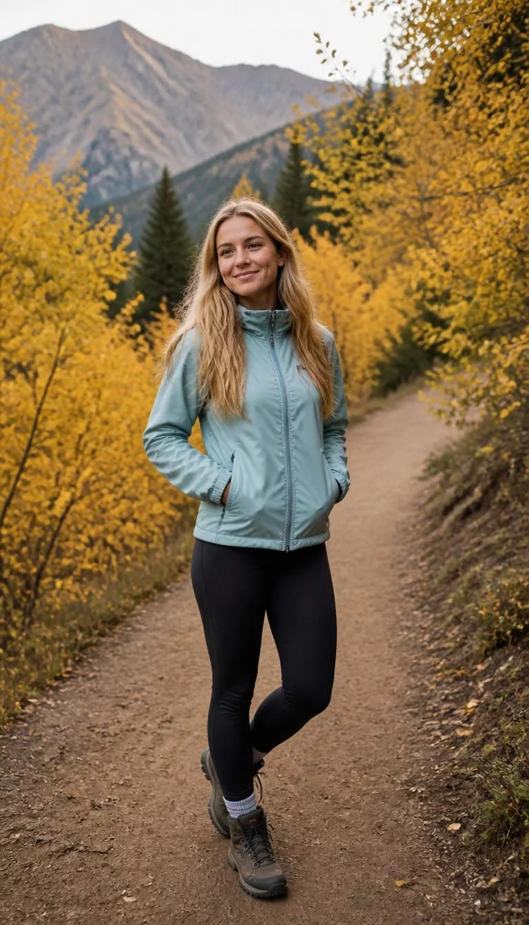 A photorealistic full body shot of a 30-year-old Northern European woman with a diamond face, tan, upturned nose, straight eyebrows, and full lips. Her face features dimples, subtle acne marks, and subtle natural facial asymmetry. She has round dark brown eyes, pronounced cheekbones, closed-mouth smile, playful. She is slim with blonde hair and is wearing a light teal jacket, dark leggings, and hiking boots, standing on a path with a mountain and yellow autumn trees behind her, everyday social media post aesthetic, high-quality mobile photography, shot on an iPhone 14.