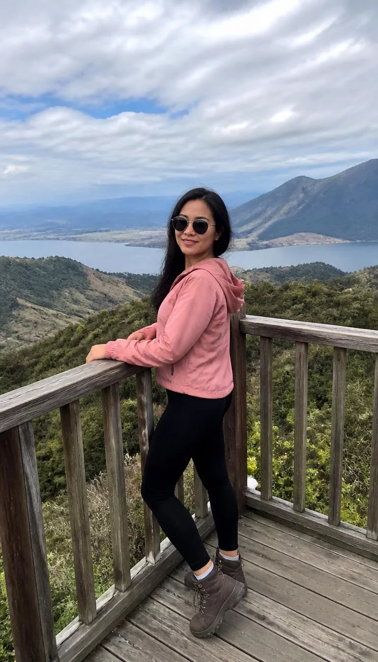 A photorealistic full body shot of a 30-year-old Southeast Asian woman with a pear-shaped face, deep brown, upturned nose, softly curved eyebrows, and wide lips. Her face features slightly crooked smile, faint under-eye shadows, and subtle natural facial asymmetry. She has monolid green eyes, rounded cheeks, neutral expression, playful. She is slim with dark hair and is wearing a pink windbreaker, black leggings, and brown hiking boots, she wears sunglasses and stands on a wooden balcony overlooking mountains and a lake, everyday social media post aesthetic, high-quality mobile photography, shot on an iPhone 14.