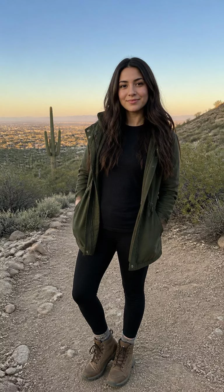 A photorealistic full body shot of a 36-year-old Middle Eastern woman with a pear-shaped face, fair, rounded nose, softly curved eyebrows, and thin lips. Her face features small scar on the eyebrow, subtle acne marks, and subtle natural facial asymmetry. She has almond-shaped amber eyes, soft cheekbones, subtle smile, confident. She is slim with long brown hair and is wearing a black top, olive green jacket, black leggings, and brown hiking boots, with a desert landscape featuring cacti, everyday social media post aesthetic, high-quality mobile photography, shot on an iPhone 14.