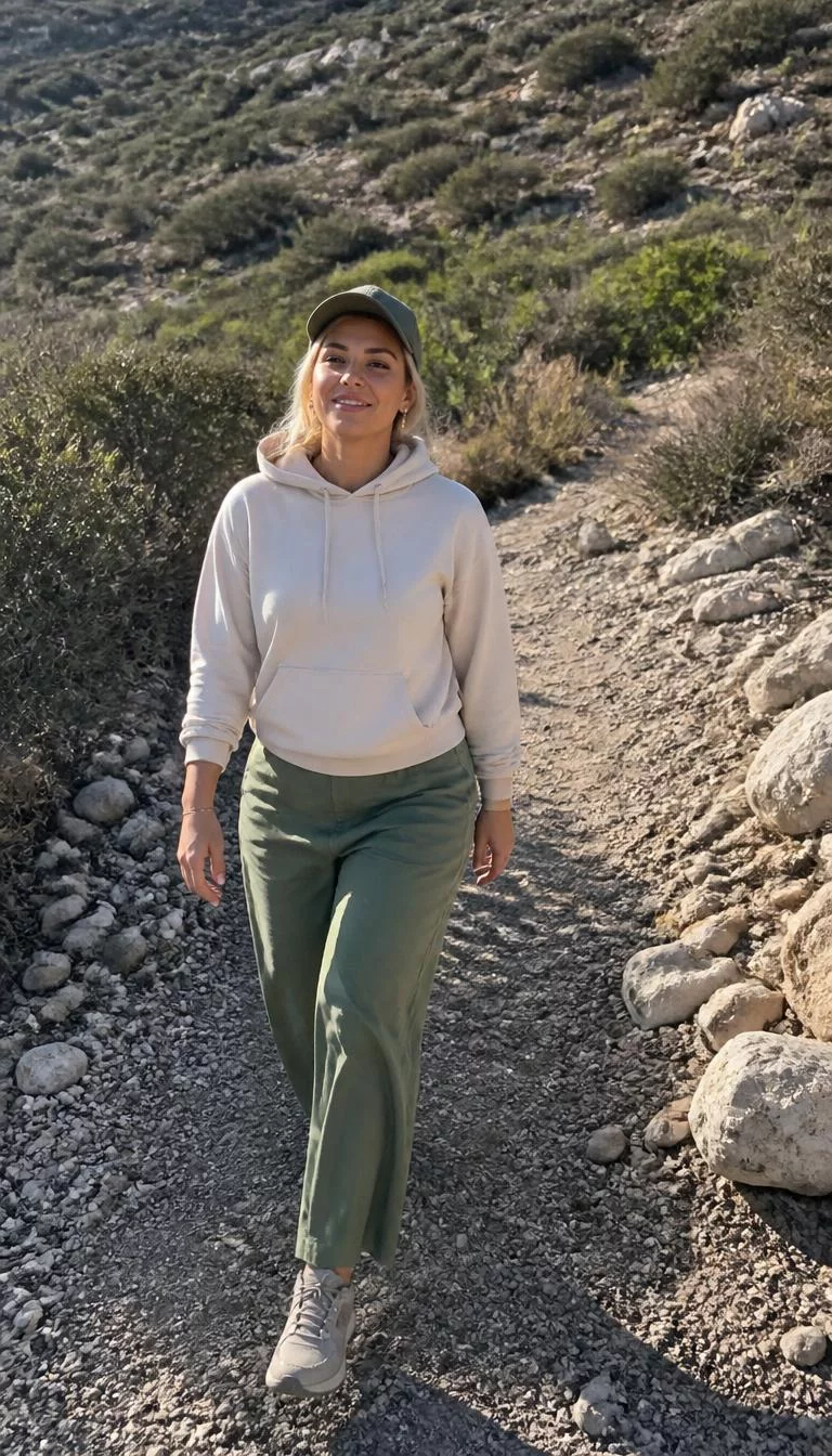 A photorealistic full body shot of a 36-year-old Mediterranean woman with a square face, light, aquiline nose, thick natural eyebrows, and thin lips. Her face features beauty mark near the lip, slightly flushed cheeks, and subtle natural facial asymmetry. She has deep-set hazel eyes, soft cheekbones, broad smile, relaxed. She is curvy build with blonde hair and is wearing a light cream hooded sweatshirt and green pants, she wears a cap and walks on a rocky trail in sun-drenched scrubland, everyday social media post aesthetic, high-quality mobile photography, shot on an iPhone 14.