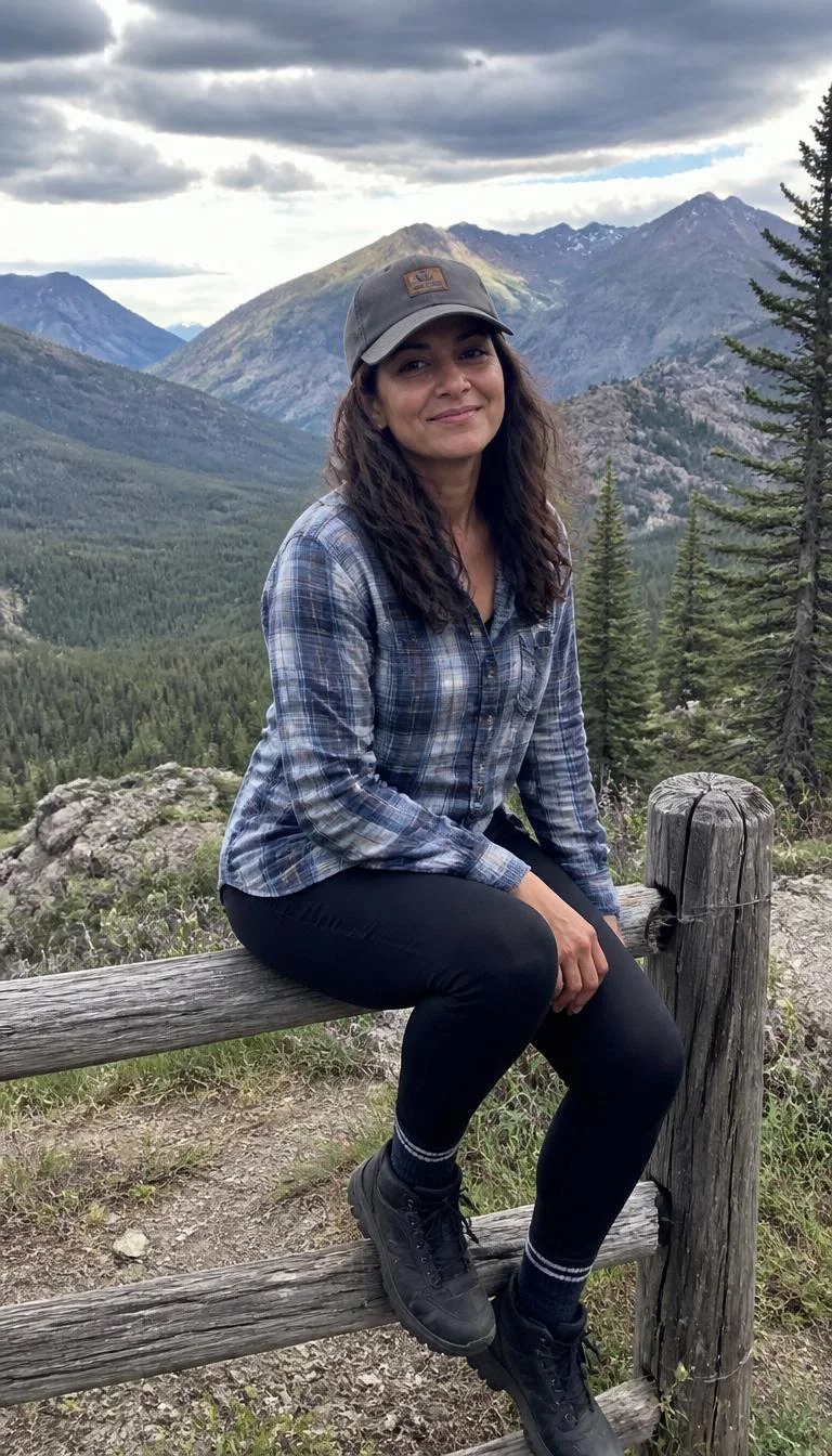 A photorealistic full body shot of a 49-year-old South Asian woman with a square face, deep brown, aquiline nose, feathered eyebrows, and thin lips. Her face features slightly crooked smile, subtle acne marks, and subtle natural facial asymmetry. She has deep-set amber eyes, soft cheekbones, subtle smile, playful. She is petite with brown long wavy hair and is wearing a plaid button down shirt, black leggings, and black hiking boots, she wears a grey baseball cap, sitting on a wooden fence with a mountainous backdrop, everyday social media post aesthetic, high-quality mobile photography, shot on an iPhone 14.