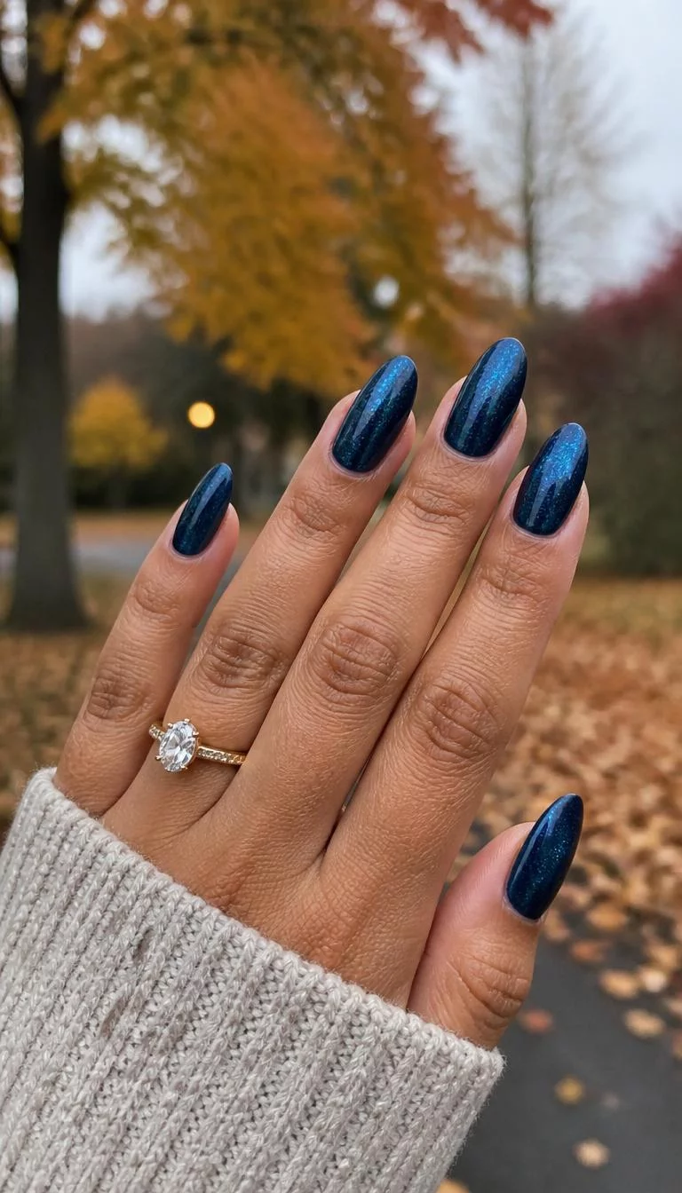 Shimmering Jewel Tones With Magnetic Magic A photorealistic close-up shot of a woman's olive skin tone hand with five fingers, showcasing almond medium-length nails featuring a deep, shimmering jewel tone with a magnetic cat-eye effect and a subtle sparkle, outdoor fall background