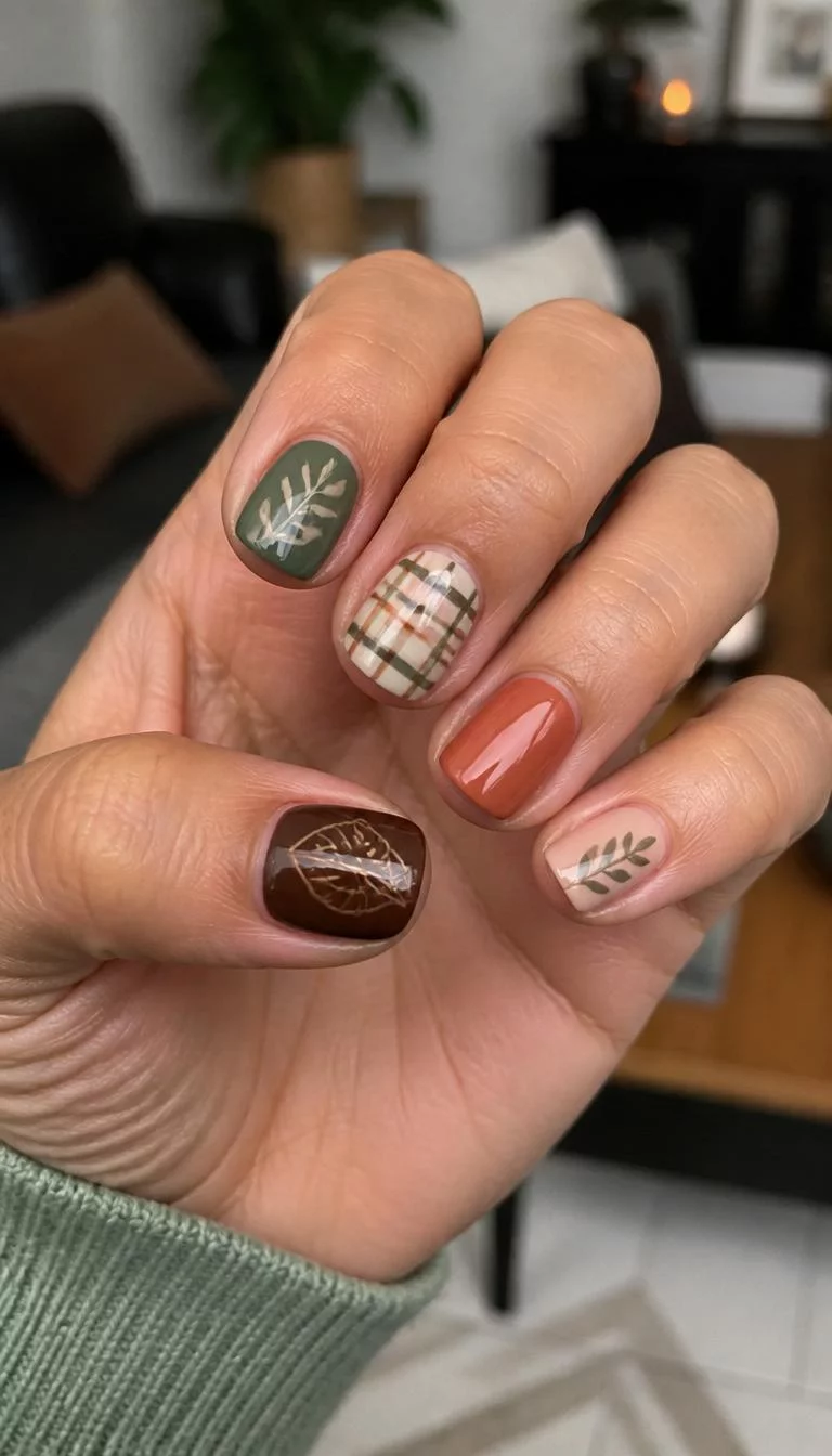 Festive Plaid and Earthy Squovals A photorealistic close-up shot of a woman's tan skin tone hand with five fingers, showcasing short squoval nails featuring leaf motifs, plaid patterns, and rich earthy tones, indoor background
