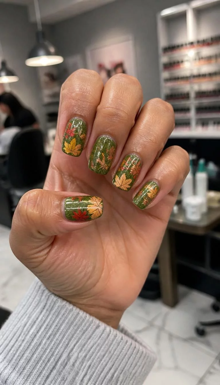 Glittery Olive With Fallen Leaves A photorealistic close-up shot of a woman's olive skin tone hand with five fingers, showcasing squoval medium length nails featuring a glittery olive green base with colorful fall leaf decals, nail salon background