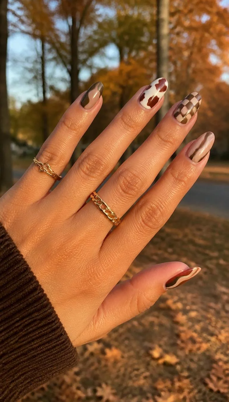 Abstract Earth Tones and Cow Print A photorealistic close-up shot of a woman's tan skin tone hand with five fingers, showcasing almond medium-length nails featuring abstract earthy tone designs, including a cow print and checkered pattern, outdoor fall background