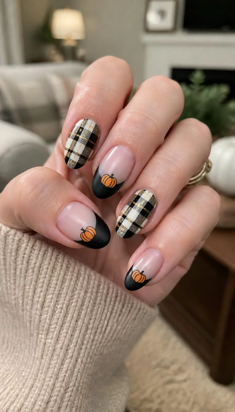 Plaid Patterns And Pumpkin Tips A photorealistic close-up shot of a woman's light skin tone hand with five fingers, showcasing almond medium-length nails with two nails featuring matte black tips with cute pumpkin designs and others showing a black, white, and gold plaid pattern, living room background