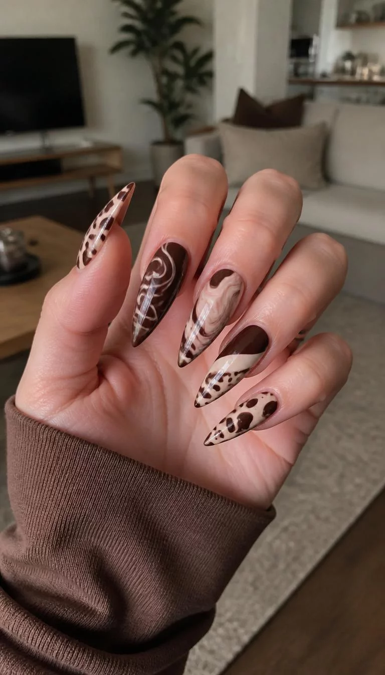Brown Swirl Stilettos A photorealistic close-up shot of a woman's fair skin tone hand with five fingers, showcasing stiletto-shaped long nails featuring intricate brown and cream designs, including swirling patterns, abstract shapes, and animal prints, living room background