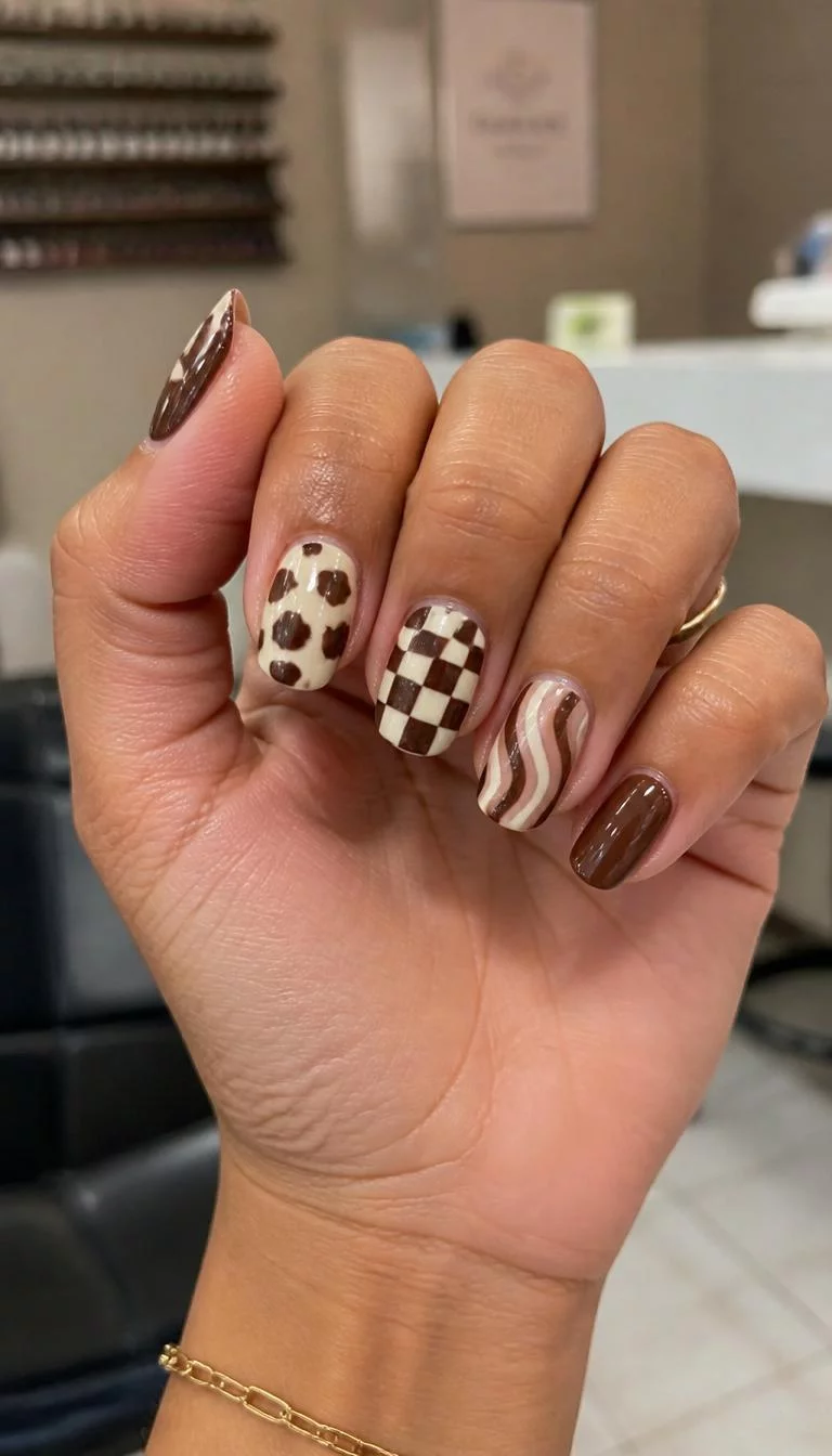Creamy Cow Print Mix A photorealistic close-up shot of a woman's medium skin tone hand with five fingers, showcasing medium-length oval nails featuring a brown and cream color palette, showcasing cow print, checkered patterns, and wavy stripes, nail salon background