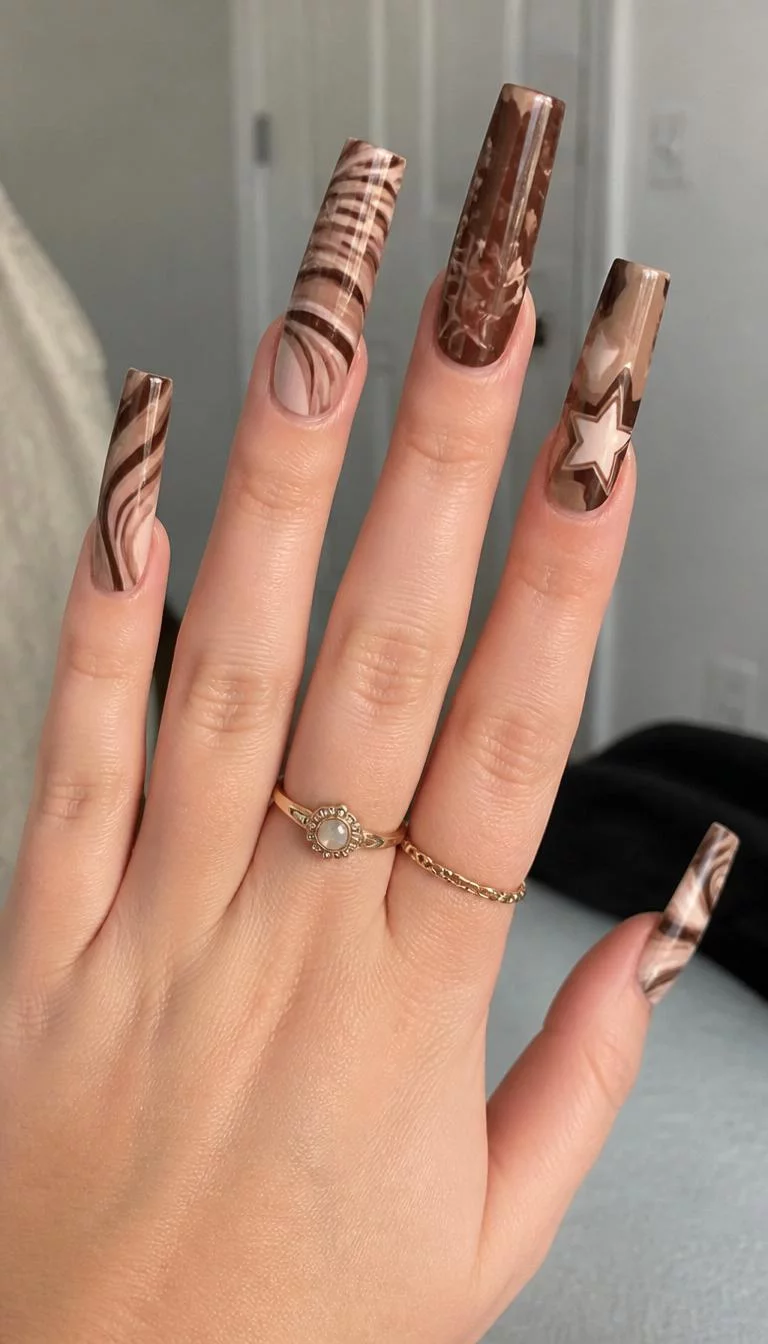 Dramatic Geometric Taupe A photorealistic close-up shot of a woman's fair skin tone hand with five fingers, showcasing very long square-shaped nails featuring dramatic designs incorporating swirls, stars, and geometric patterns in brown, beige, and taupe hues, indoor background