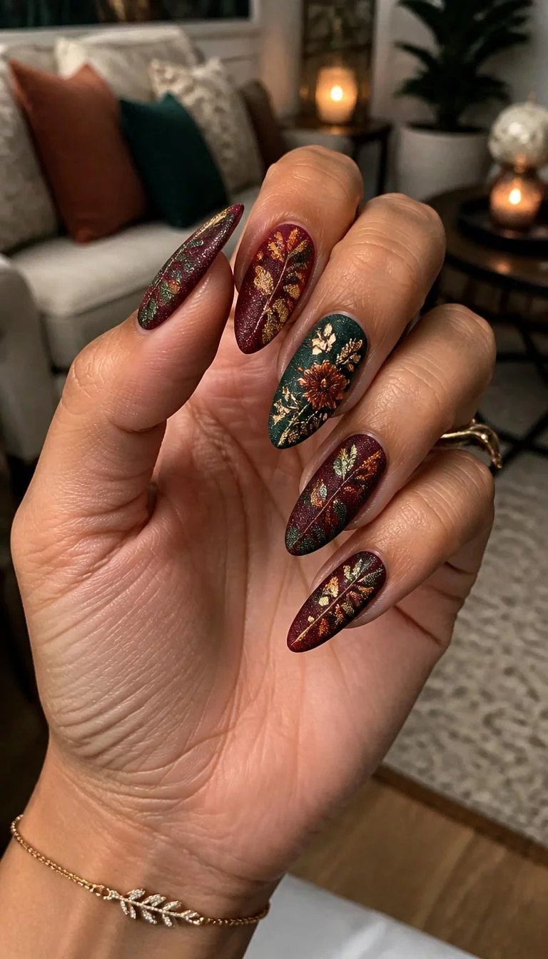 Velvet Forest Flowers A photorealistic close-up shot of a woman's tan skin tone hand with five fingers, showcasing medium-length almond-shaped nails featuring a velvet texture in deep red and green, adorned with sparkling glitter and autumnal leaf and flower motifs, living room background