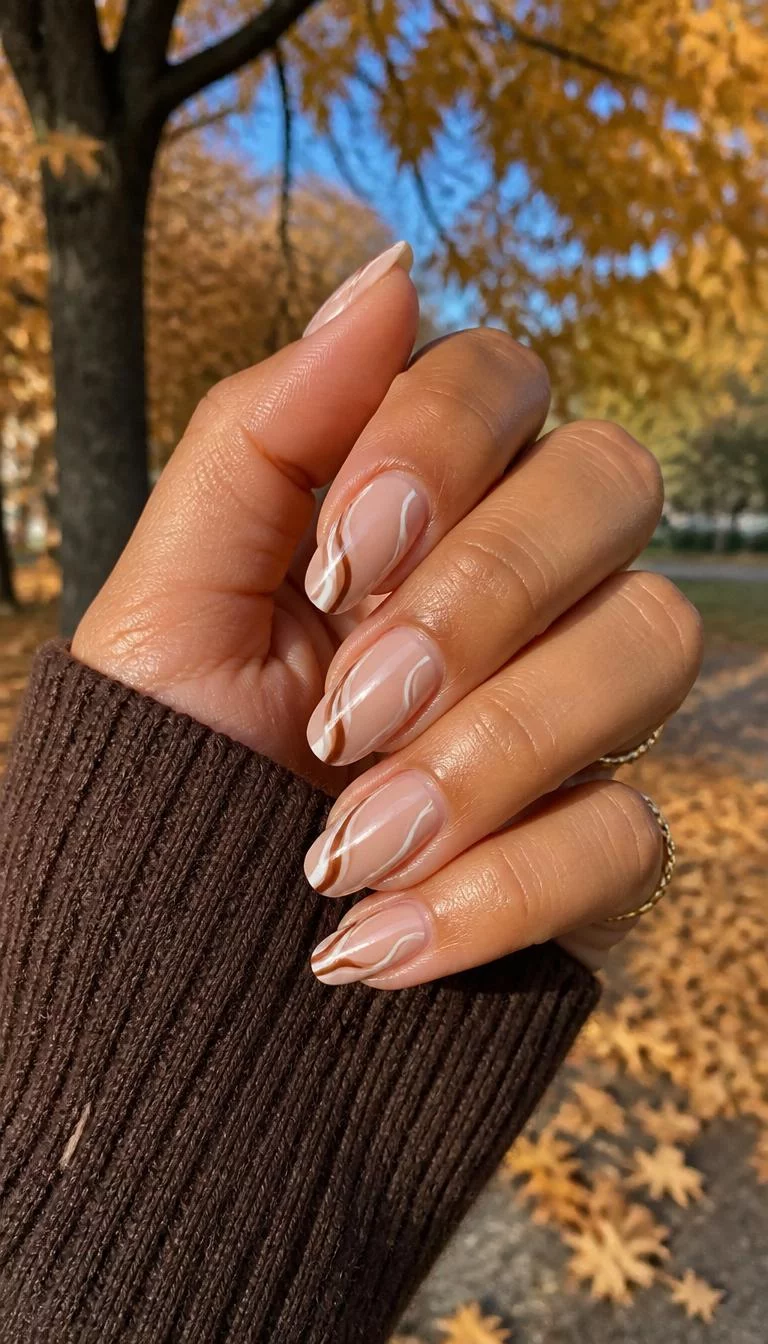 Elegant Brown Swirls A photorealistic close-up shot of a woman's tan skin tone hand with five fingers, showcasing almond-shaped medium-length nails featuring a sheer base featuring white and brown swirling line designs, outdoor fall background