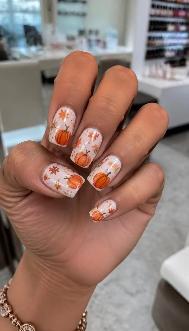 Orange Pumpkin Patch A photorealistic close-up shot of a woman's olive skin tone hand with five fingers, showcasing square-shaped medium-length nails featuring a white base and bold orange pumpkin designs surrounded by falling leaves, nail salon background