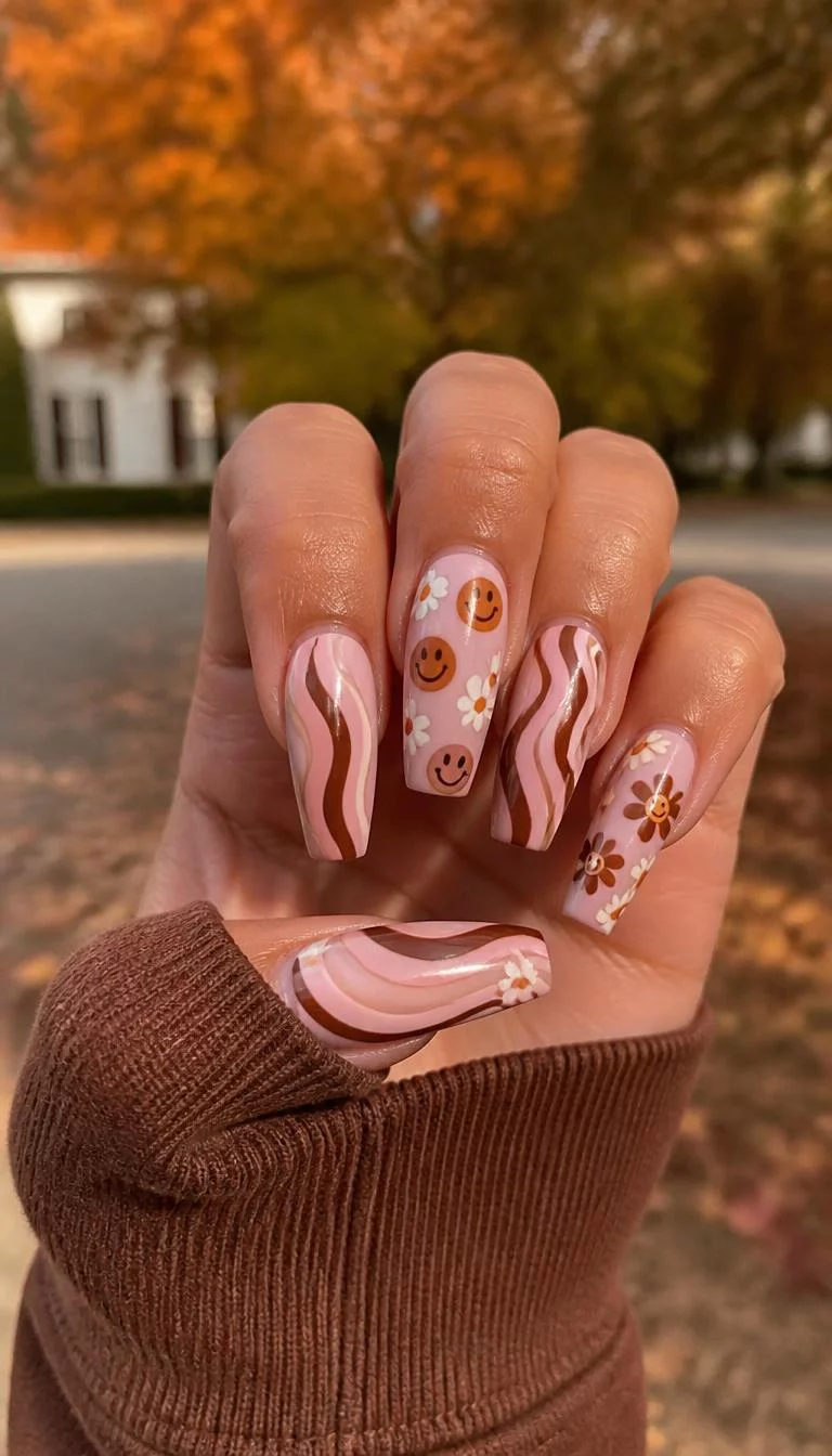 Groovy Brown Smiles A photorealistic close-up shot of a woman's tan skin tone hand with five fingers, showcasing long coffin-shaped nails featuring a light pink base, adorned with groovy wavy lines, smiley faces, and floral patterns in shades of brown, outdoor fall background