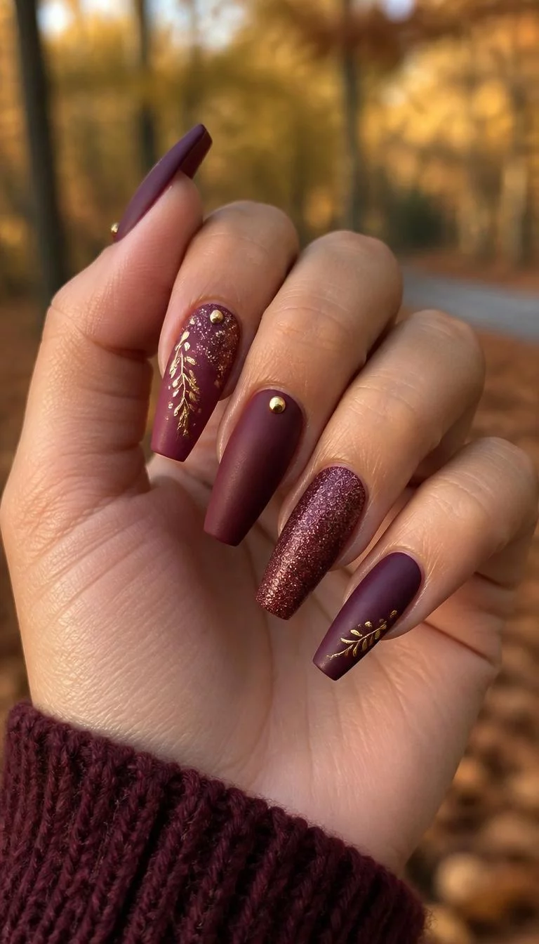 Matte Burgundy Majesty A photorealistic close-up shot of a woman's tan skin tone hand with five fingers, showcasing coffin-shaped long nails featuring matte burgundy polish, glitter accents, and subtle gold embellishments, featuring leaf designs, outdoor fall background