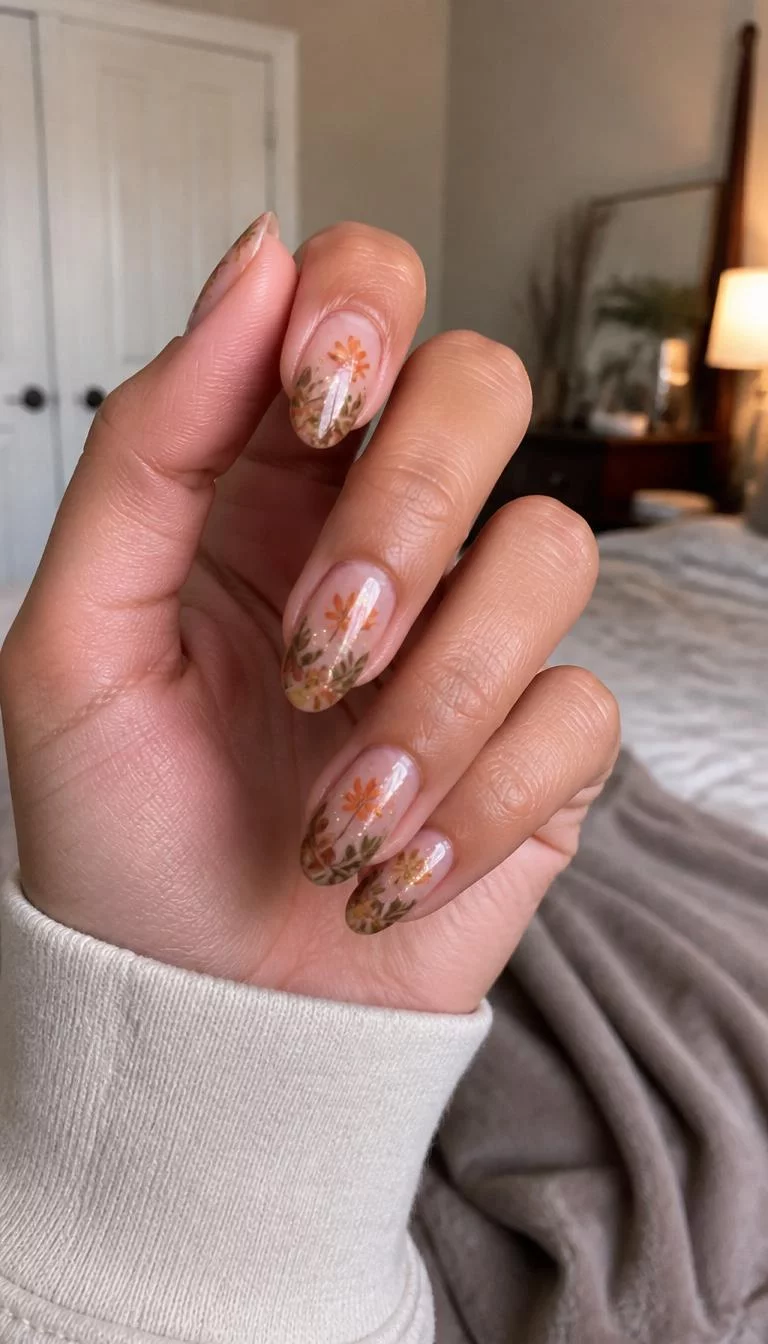 Sheer Foliage Sparkle A photorealistic close-up shot of a woman's medium skin tone hand with five fingers, showcasing natural almond-shaped medium-length nails featuring a sheer base and autumnal foliage designs in orange, brown, and green with glitter accents, bedroom background