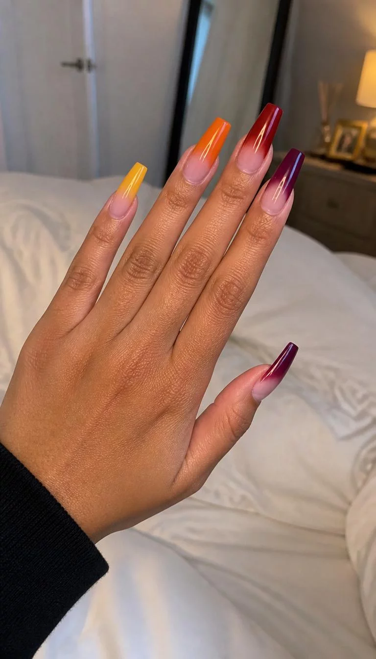 Sunset Gradient Coffin A photorealistic close-up shot of a woman's tan skin tone hand with five fingers, showcasing long coffin-shaped nails featuring a sheer base, featuring color gradients from yellow to orange and burgundy to deep purple, bedroom background