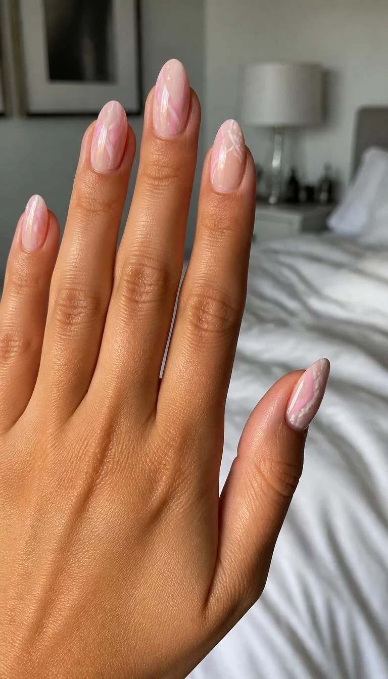 Pink Swirl Delicacy A photorealistic close-up shot of a woman's tan skin tone hand with five fingers, showcasing almond-shaped medium-length nails featuring a light pink base and delicate, swirling pink and white line designs with subtle dot accents, bedroom background