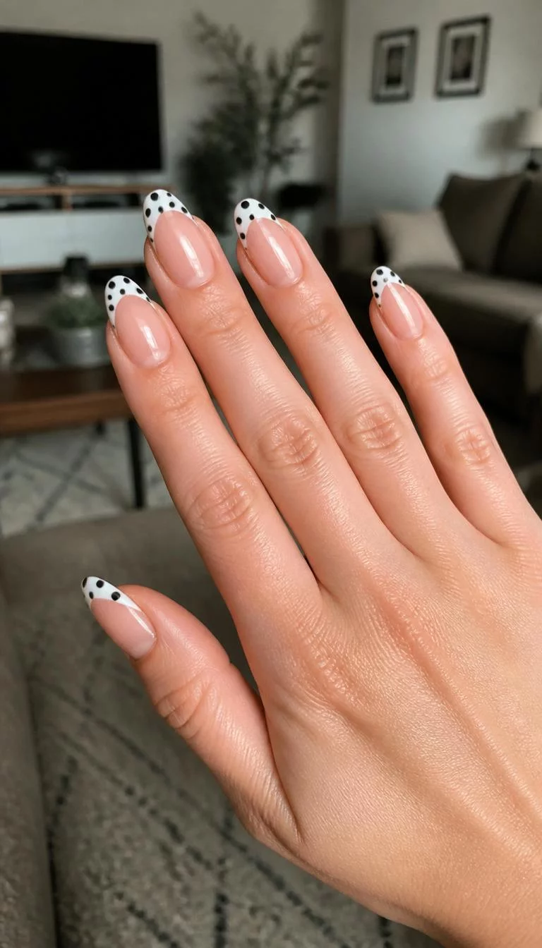 Polka Dot French Tips A photorealistic close-up shot of a woman's fair skin tone hand with five fingers, showcasing almond-shaped medium-length nails featuring black polka dot design along the white tips, living room background