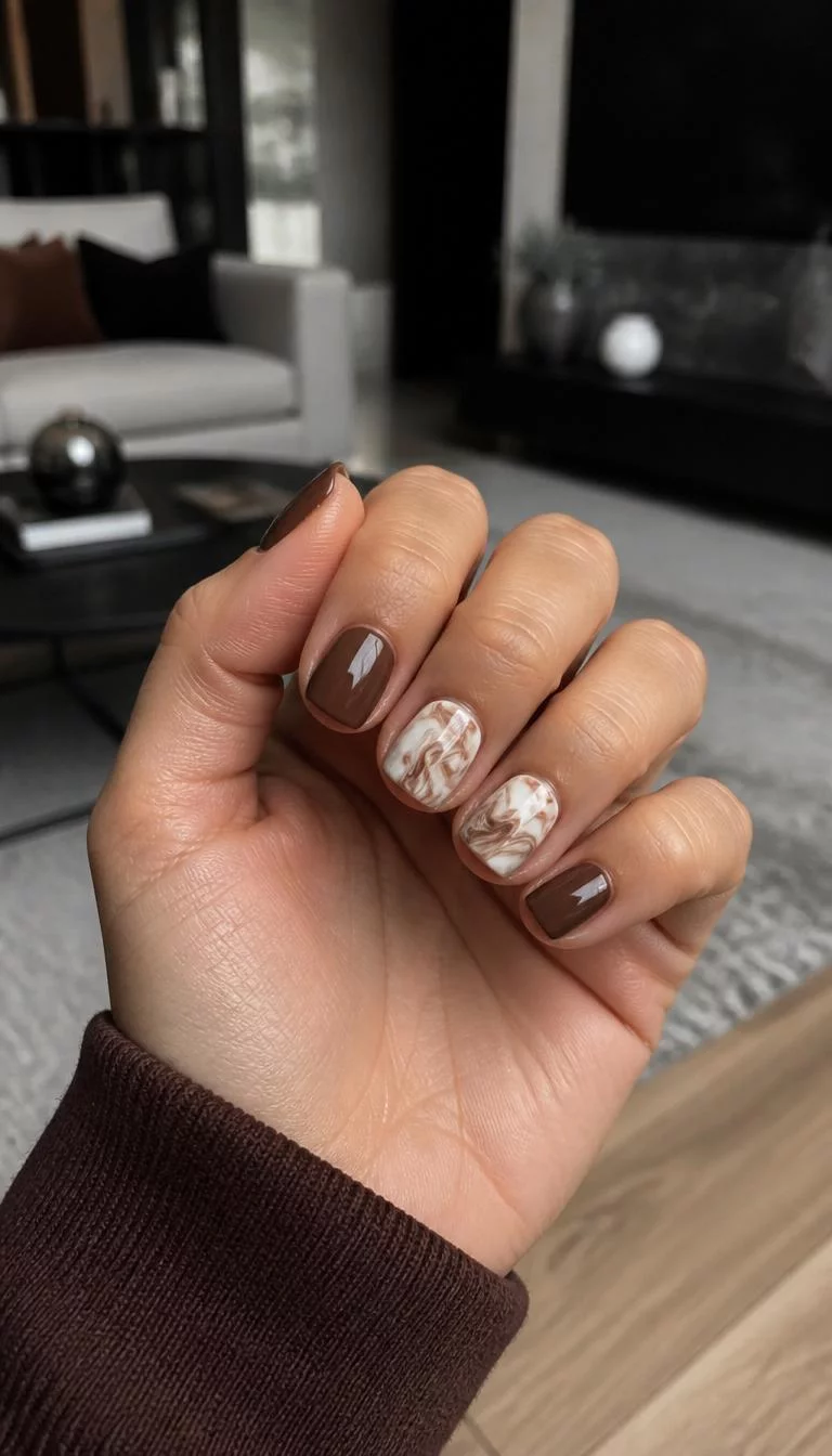 Rich Brown Swirls A photorealistic close-up shot of a woman's olive skin tone hand with five fingers, showcasing short square-shaped nails featuring a rich brown polish, two accent nails featuring a white base with brown swirls, living room background