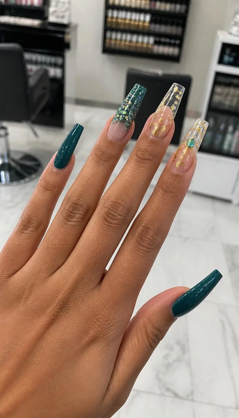Teal Jewel Flakes A photorealistic close-up shot of a woman's olive skin tone hand with five fingers, showcasing long coffin-shaped nails featuring a deep teal color, a sheer base with gold flakes, and jewel-toned glitter accents, nail salon background