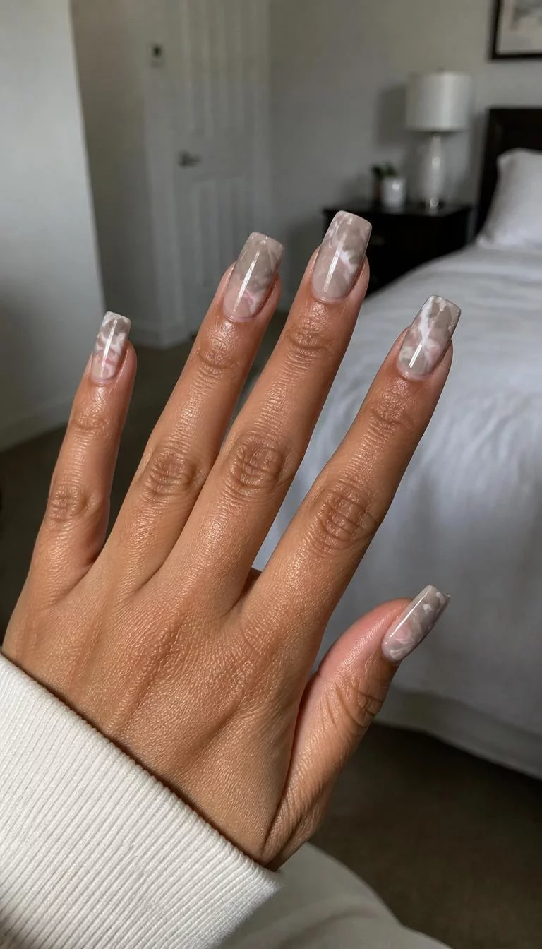 Taupe Marble Minimalist A photorealistic close-up shot of a woman's tan skin tone hand with five fingers, showcasing square-tipped medium-length nails featuring a calming taupe color with subtle marbled white and pink accents, bedroom background