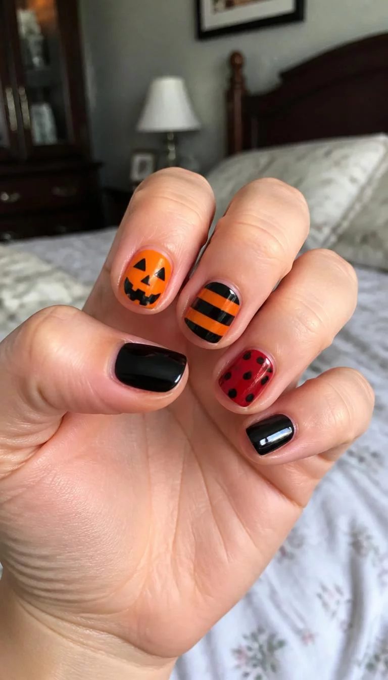 A photorealistic close-up shot of a woman's light skin tone hand with five fingers, showcasing short natural-shaped nails featuring a black polish, a jack-o'-lantern face, orange and black stripes, and a red accent with black polka dots, bedroom background