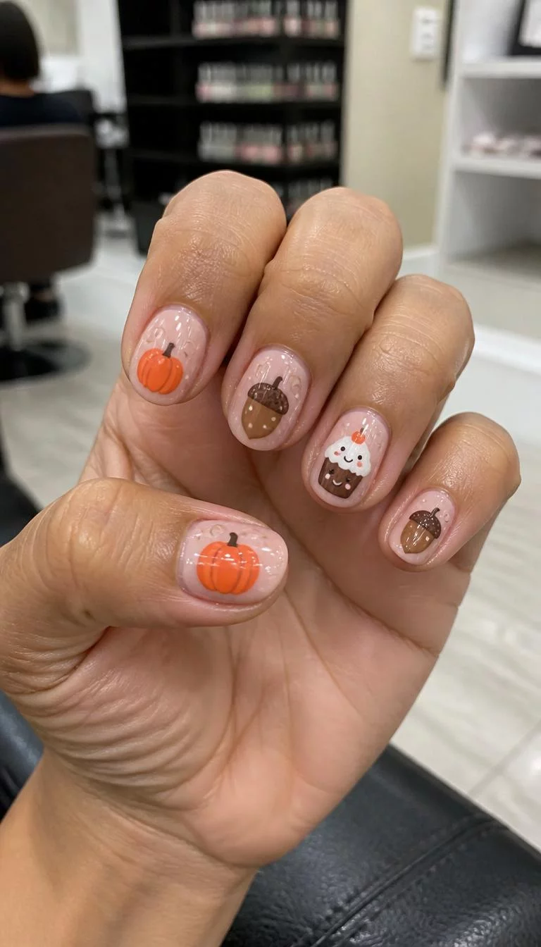 Cozy Autumn Characters A photorealistic close-up shot of a woman's tan skin tone hand with five fingers, showcasing oval-shaped short nails featuring pumpkins, acorns, and a cupcake with a happy face, nail salon background