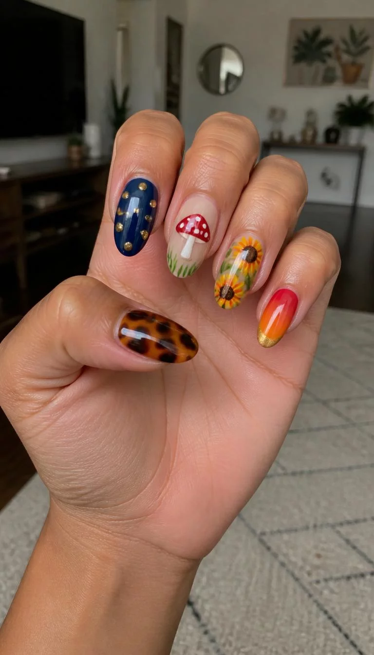 The Eclectic Seasonal Collage A photorealistic close-up shot of a woman's medium skin tone hand with five fingers, showcasing various nail designs including tortoise shell, a blue nail with gold dots, a mushroom design, sunflowers, ducks, and fiery ombré with gold tips, living room background