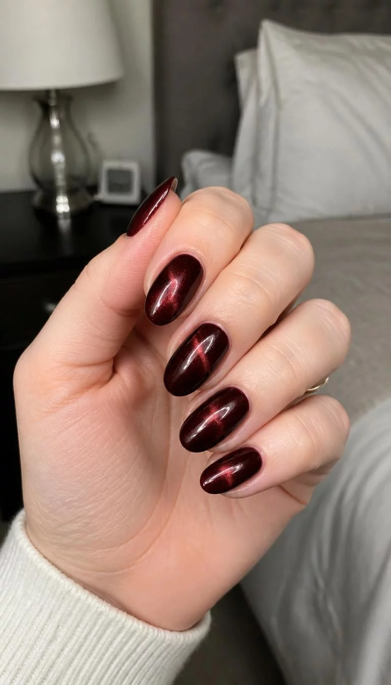 Burgundy Cat Eye Magic A photorealistic close-up shot of a woman's light skin tone hand with five fingers, showcasing oval-shaped nails featuring a mesmerizing cat eye effect in a rich, dark burgundy hue, bedroom background