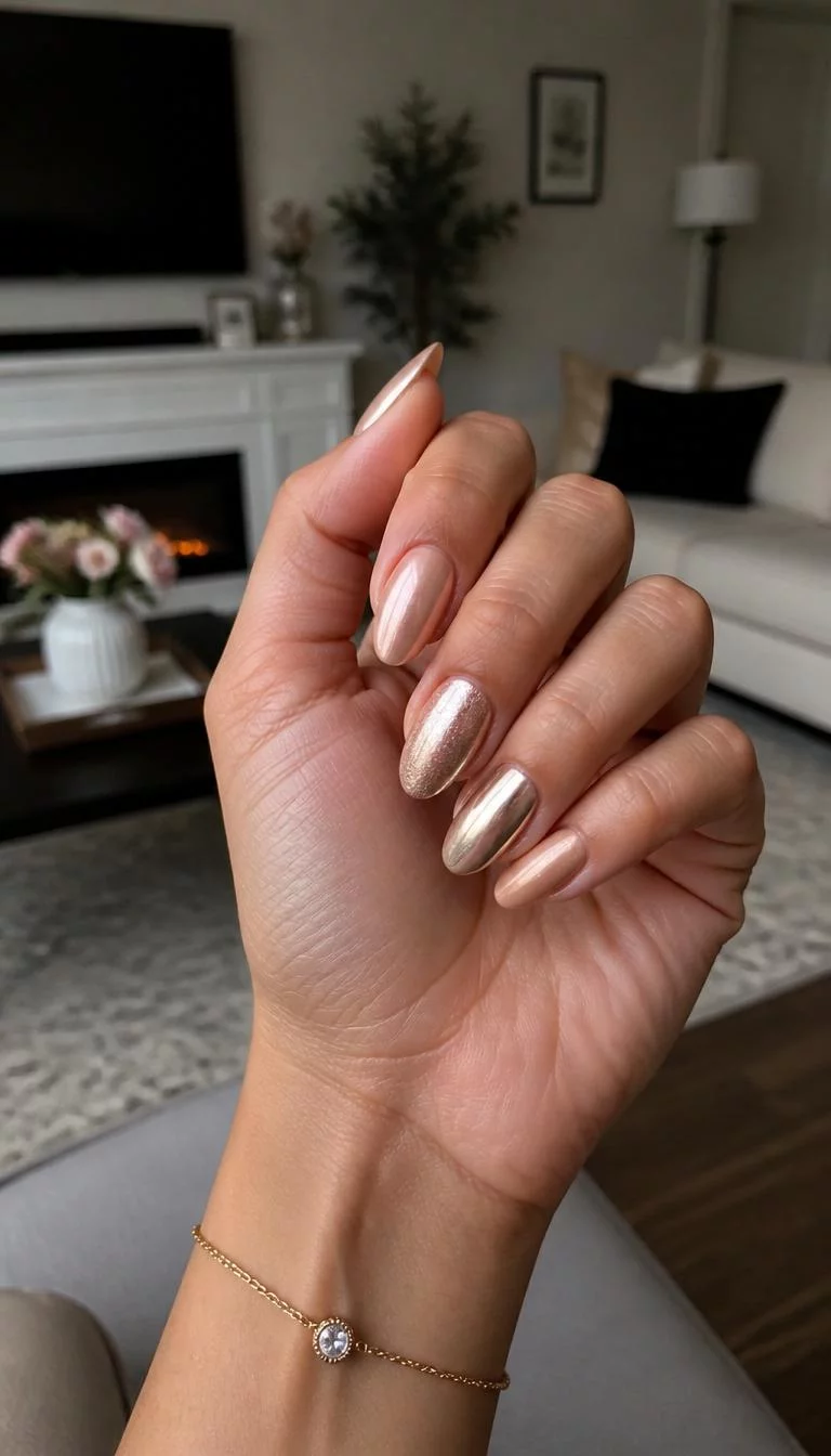 Mixed Metallic And Beige A photorealistic close-up shot of a woman's olive skin tone hand with five fingers, showcasing almond-shaped medium length nails featuring a mix of metallic, rose gold, and beige finishes, living room background