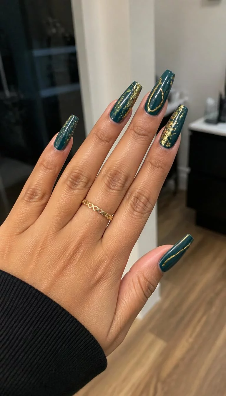 Teal And Gold Opulence A photorealistic close-up shot of a woman's medium skin tone hand with five fingers, showcasing long coffin-shaped nails featuring a deep teal color with gold glitter and gold accents, indoor background
