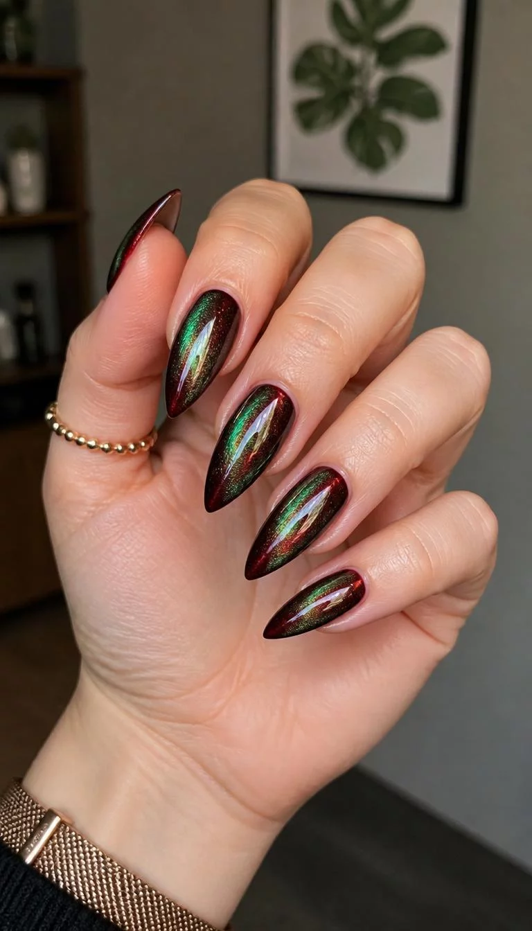 Bicolor Cat Eye Points A photorealistic close-up shot of a woman's fair skin tone hand with five fingers, showcasing long pointed nails with a captivating green and burgundy cat eye effect, indoor background