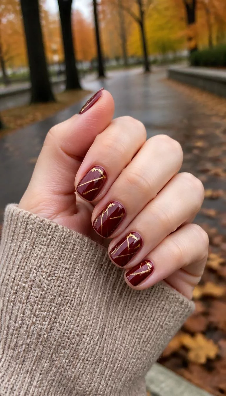 Geometric Burgundy And Gold A photorealistic close-up shot of a woman's light skin tone hand with five fingers, showcasing short square nails in a rich burgundy adorned with geometric gold lines and gold accents on the cuticles, outdoor fall background