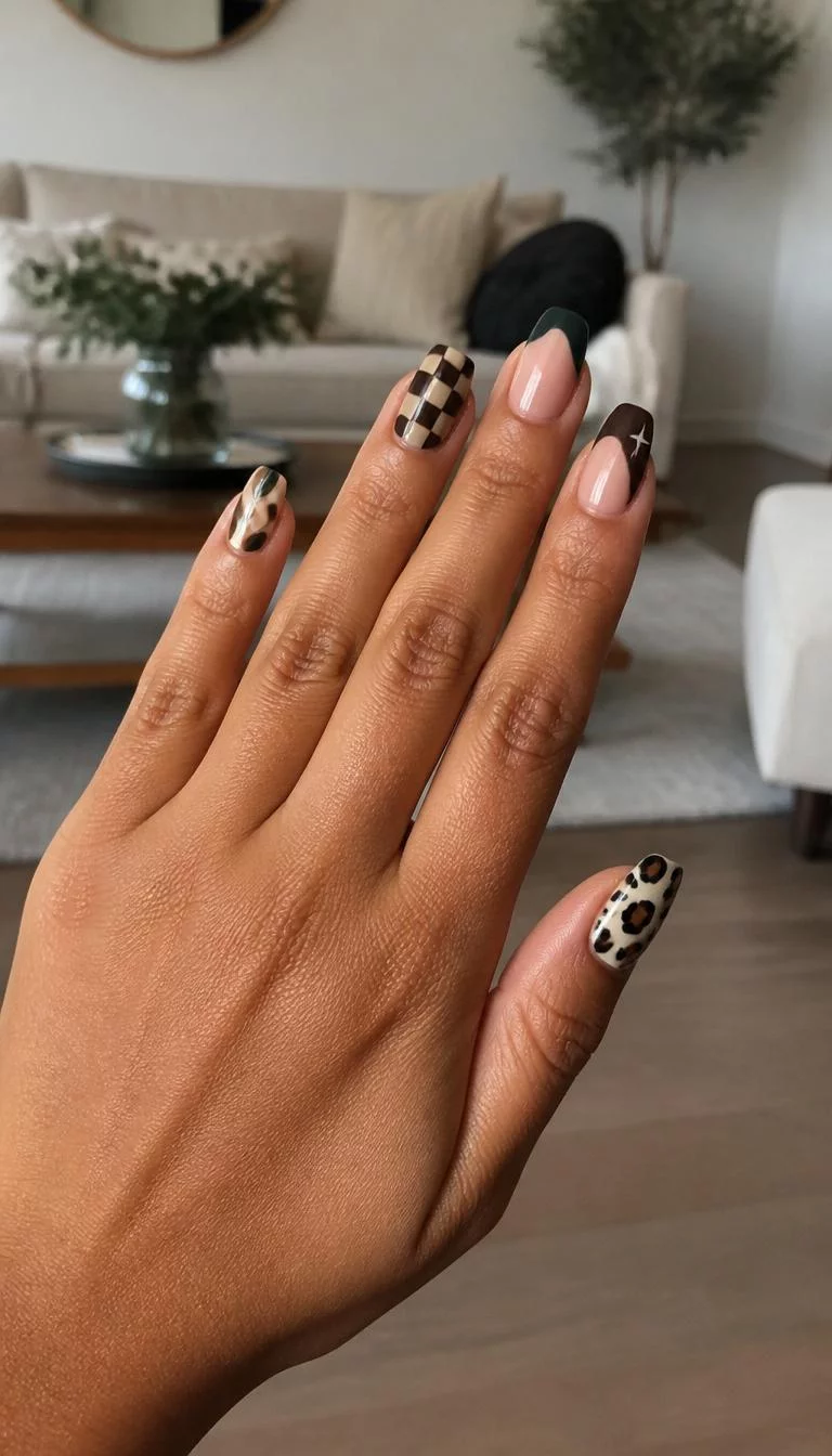 Leopard Print And Checkers A photorealistic close-up shot of a woman's tan skin tone hand with five fingers, showcasing medium length nails featuring leopard print, checkerboard, and abstract designs in earthy tones, living room background