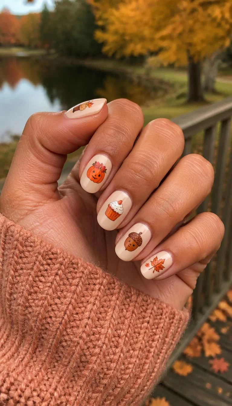 Festive Character Art A photorealistic close-up shot of a woman's tan skin tone hand with five fingers, showcasing short oval-shaped nails featuring festive fall characters like pumpkins, cupcakes, and acorns, outdoor fall background