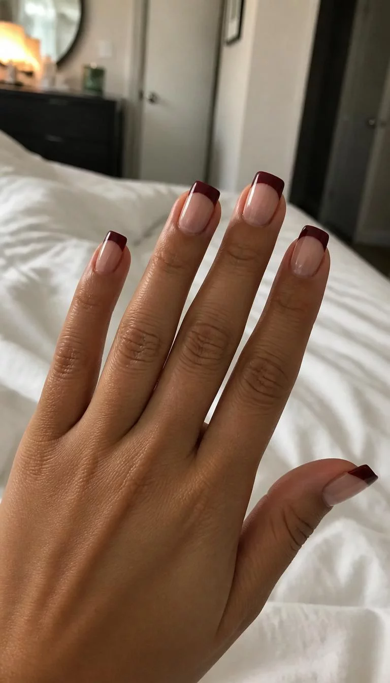 Bold Red French Tips A photorealistic close-up shot of a woman's olive skin tone hand with five fingers, showcasing short square nails featuring a delicate sheer base and a bold dark red French tip, bedroom background