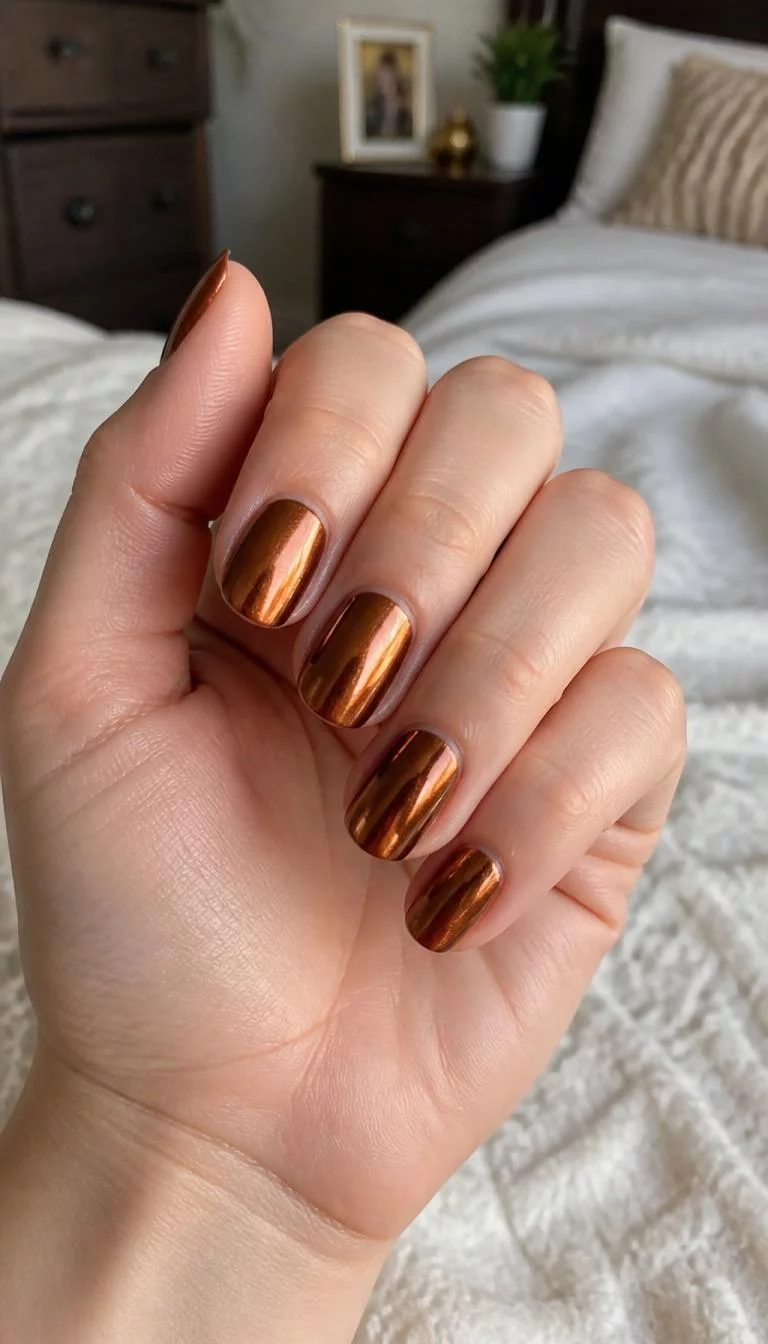 High Shine Metallic Copper A photorealistic close-up shot of a woman's fair skin tone hand with five fingers, showcasing short oval nails featuring a metallic copper or bronze finish, reflecting light with a high-shine effect, bedroom background