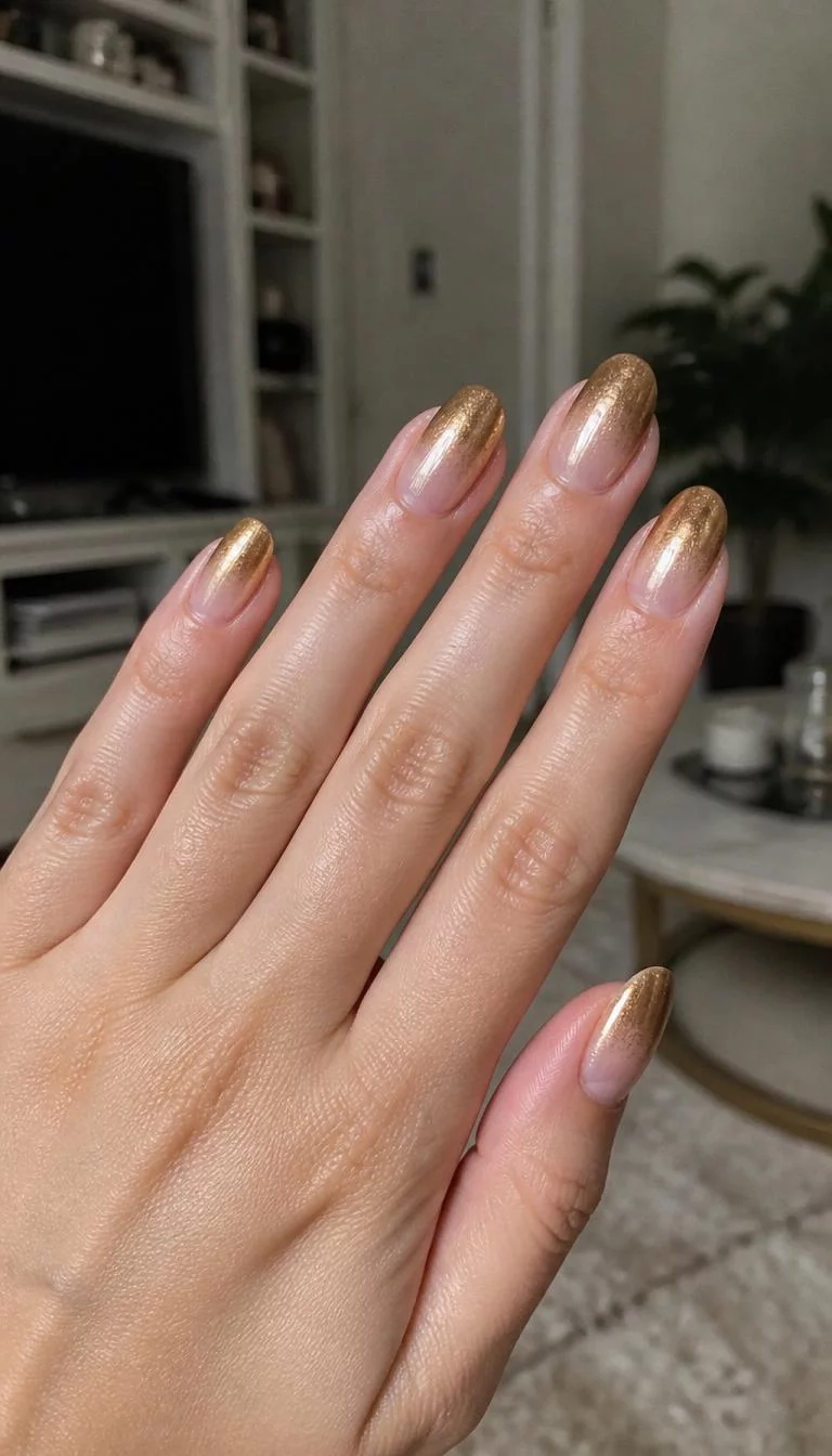 Golden Hour Metallic Fade A photorealistic close-up shot of a woman's light skin tone hand with five fingers, showcasing oval-shaped medium-length nails featuring a metallic gold ombre design fading into a sheer base, living room background