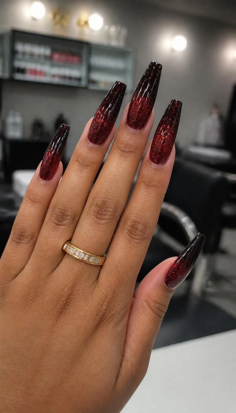 Vampy Red To Black Shadow A photorealistic close-up shot of a woman's tan skin tone hand with five fingers, showcasing very long coffin-shaped nails featuring a dark red to black ombre effect and sparkling glitter accents, nail salon background
