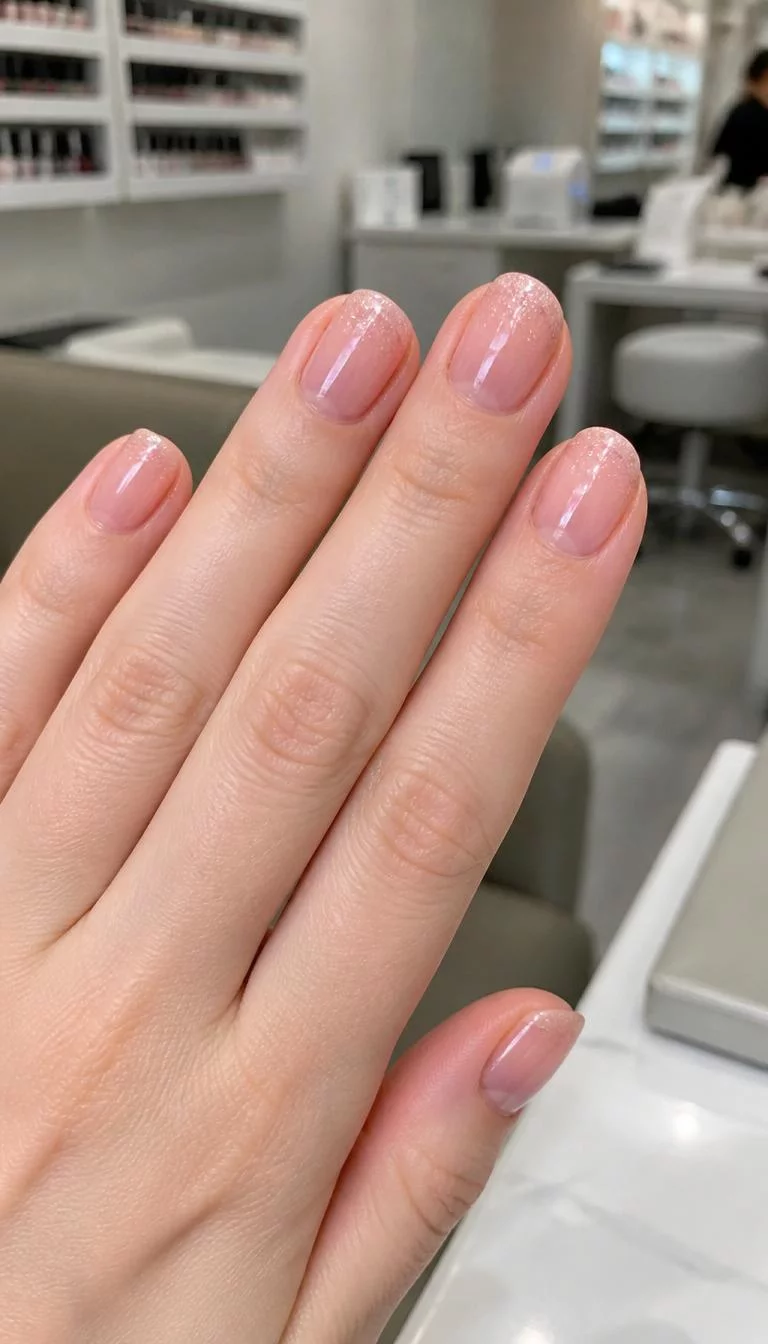 Sheer Pink Glitter Tips A photorealistic close-up shot of a woman's light skin tone hand with five fingers, showcasing short rounded nails with a sheer pink base and a subtle glitter fade on the tips, nail salon background