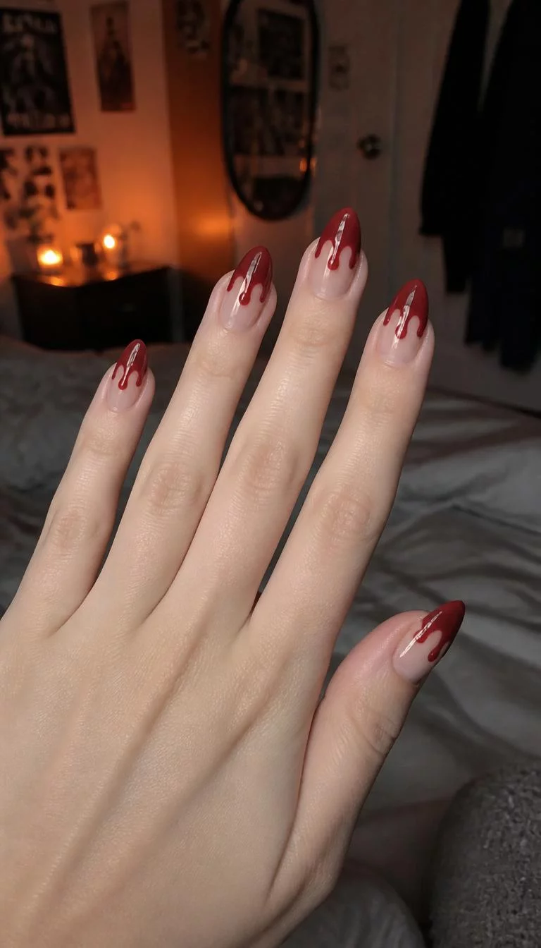 Red Drip Horror Aesthetic A photorealistic close-up shot of a woman's fair skin tone hand with five fingers, showcasing medium-length almond-shaped nails featuring a sheer base, featuring a 'bloody' drip design in red, bedroom background